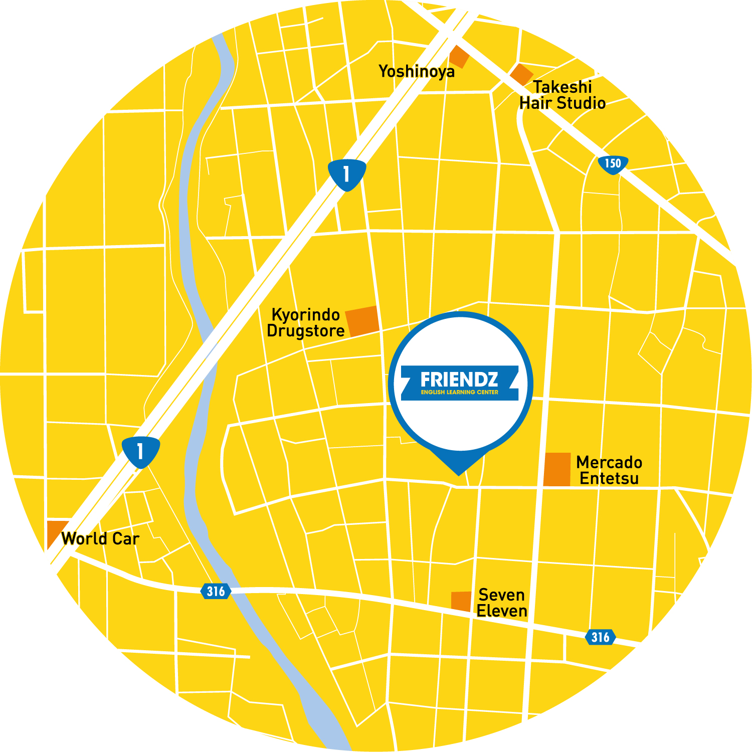 Plan de Hamamatsu (Japon) indiquant où se trouve l'école de langues "Friendz"