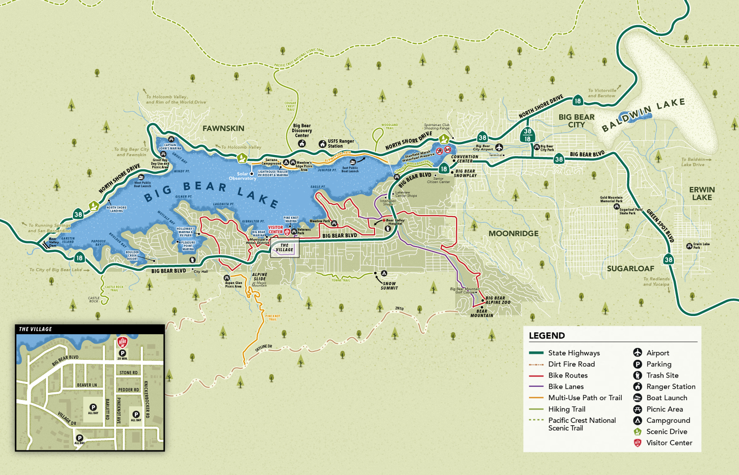 Plan détaillé de Big Bear Lake en Californie.