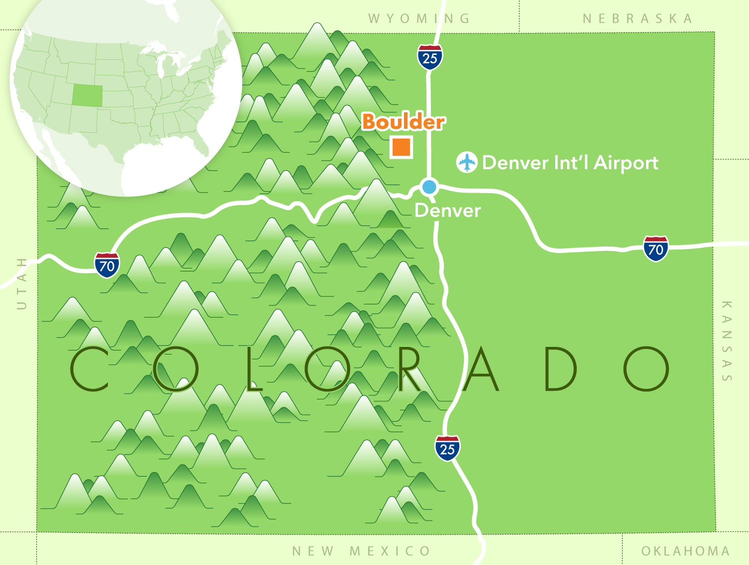 Carte indiquant la localisation proche des montagnes de Boulder dans le Colorado