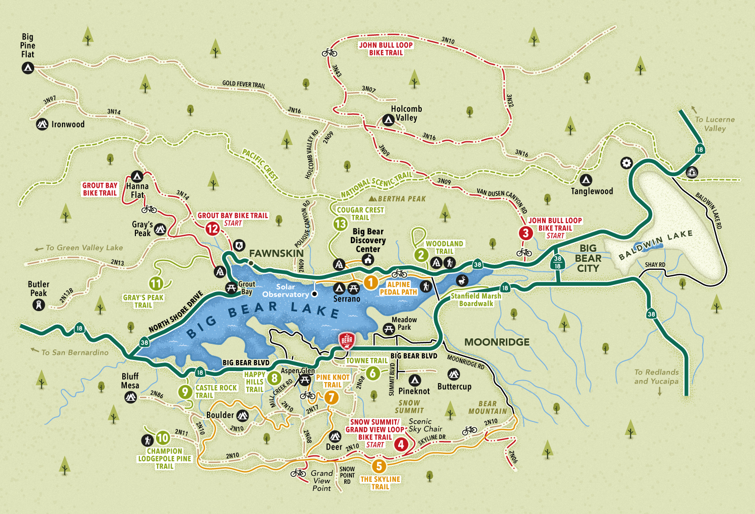 Sentiers de randonnées et pistes de VTT autour de Big Bear Lake