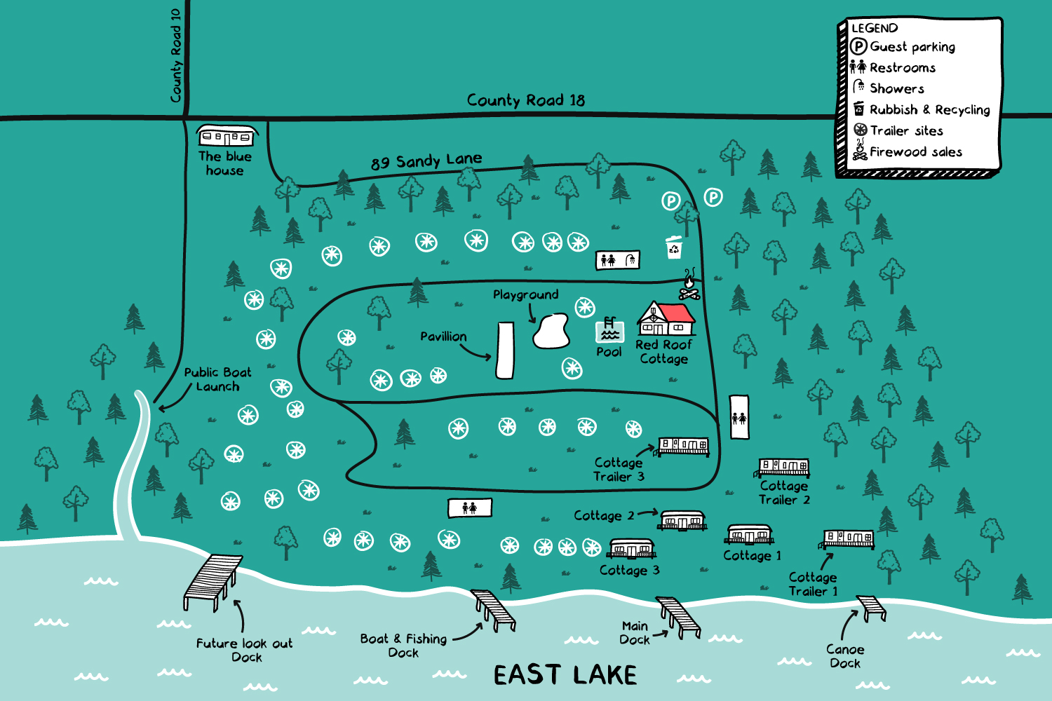 Plan du camping en bord de lac dessiné à la main