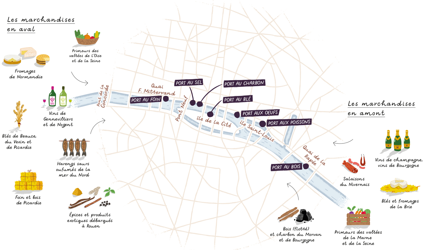 Carte illustrée de Paris centrée sur la Seine