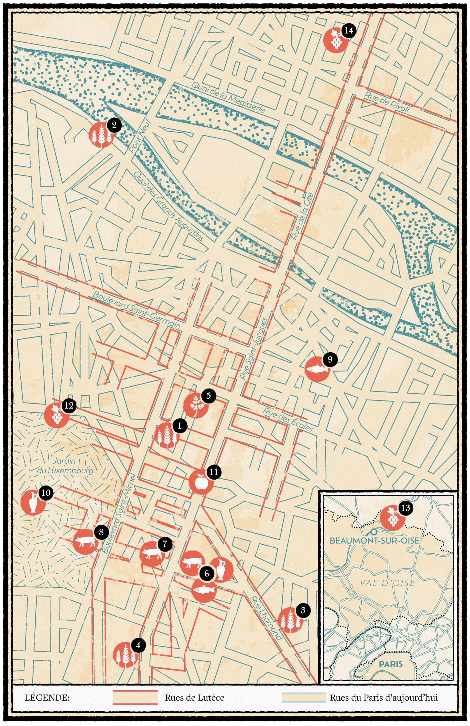 Plan des rues de Lutèce par dessus les rues de Paris .