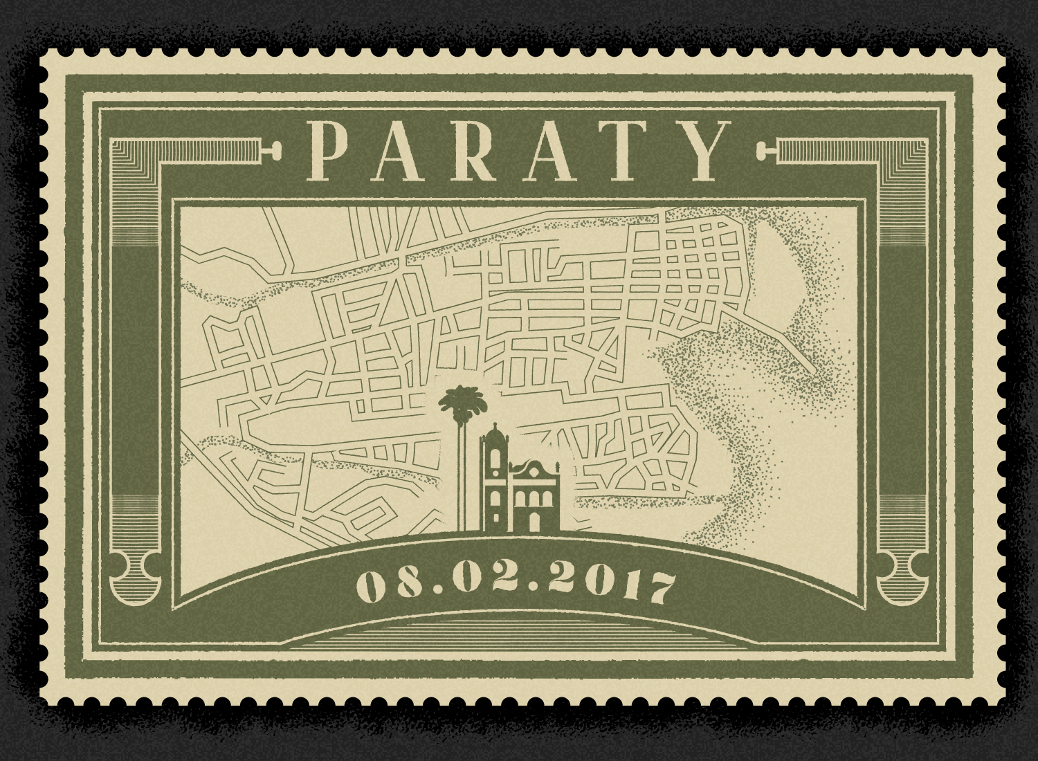 Timbre de Paraty avec un plan de la ville en arrière plan et une illustration d'église au premier plan.