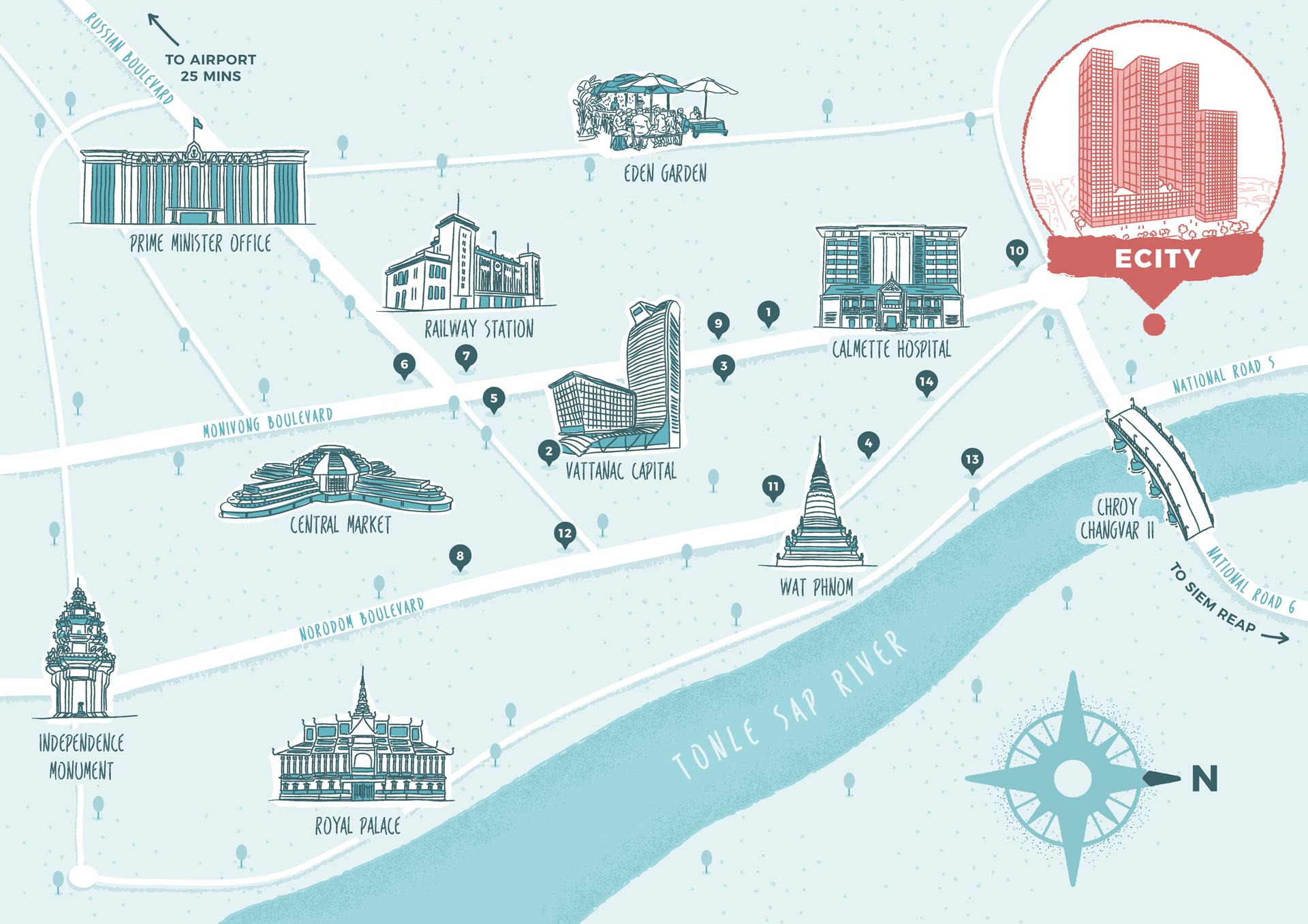 Plan de Phnom Penh représentant certains des sites incoutarnables.