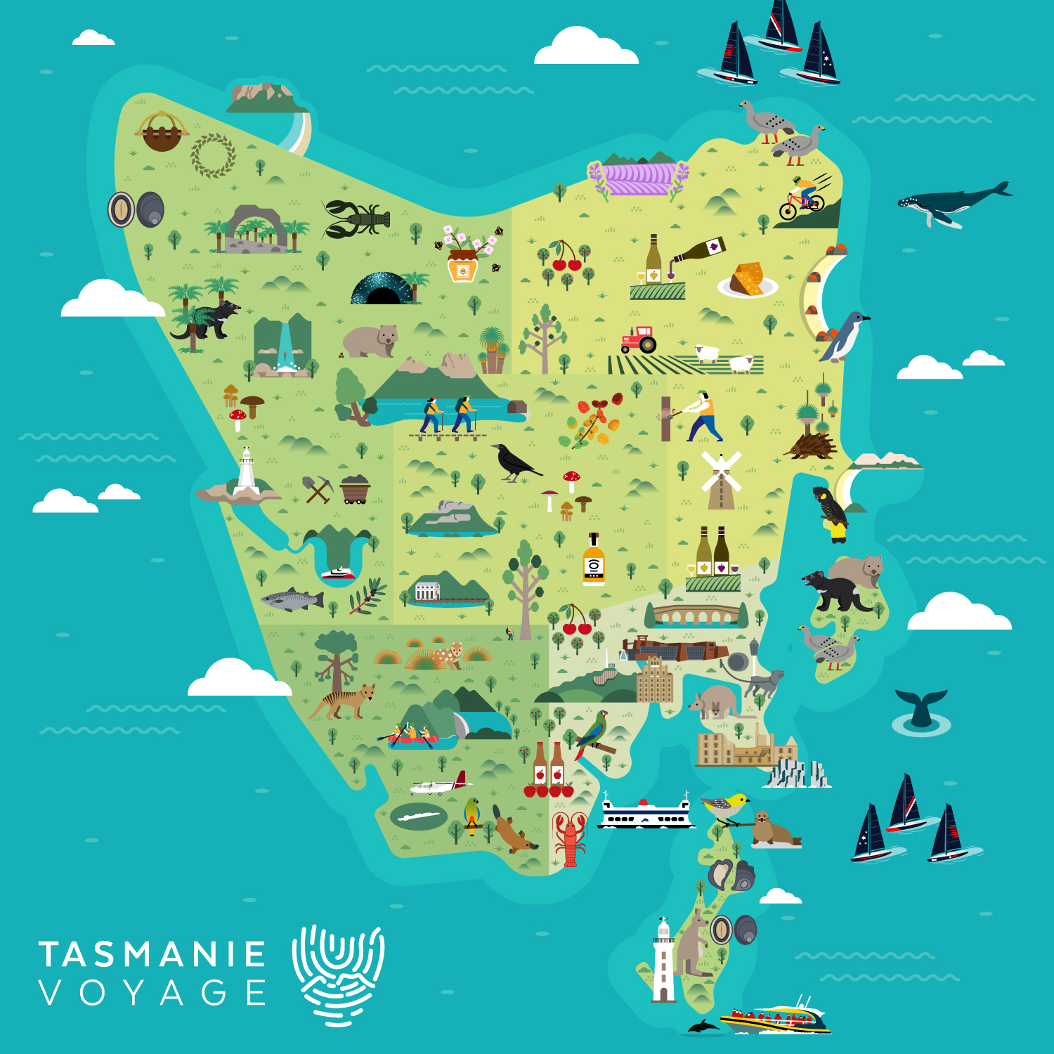 Carte de Tasmanie avec de nombreuses illustrations.