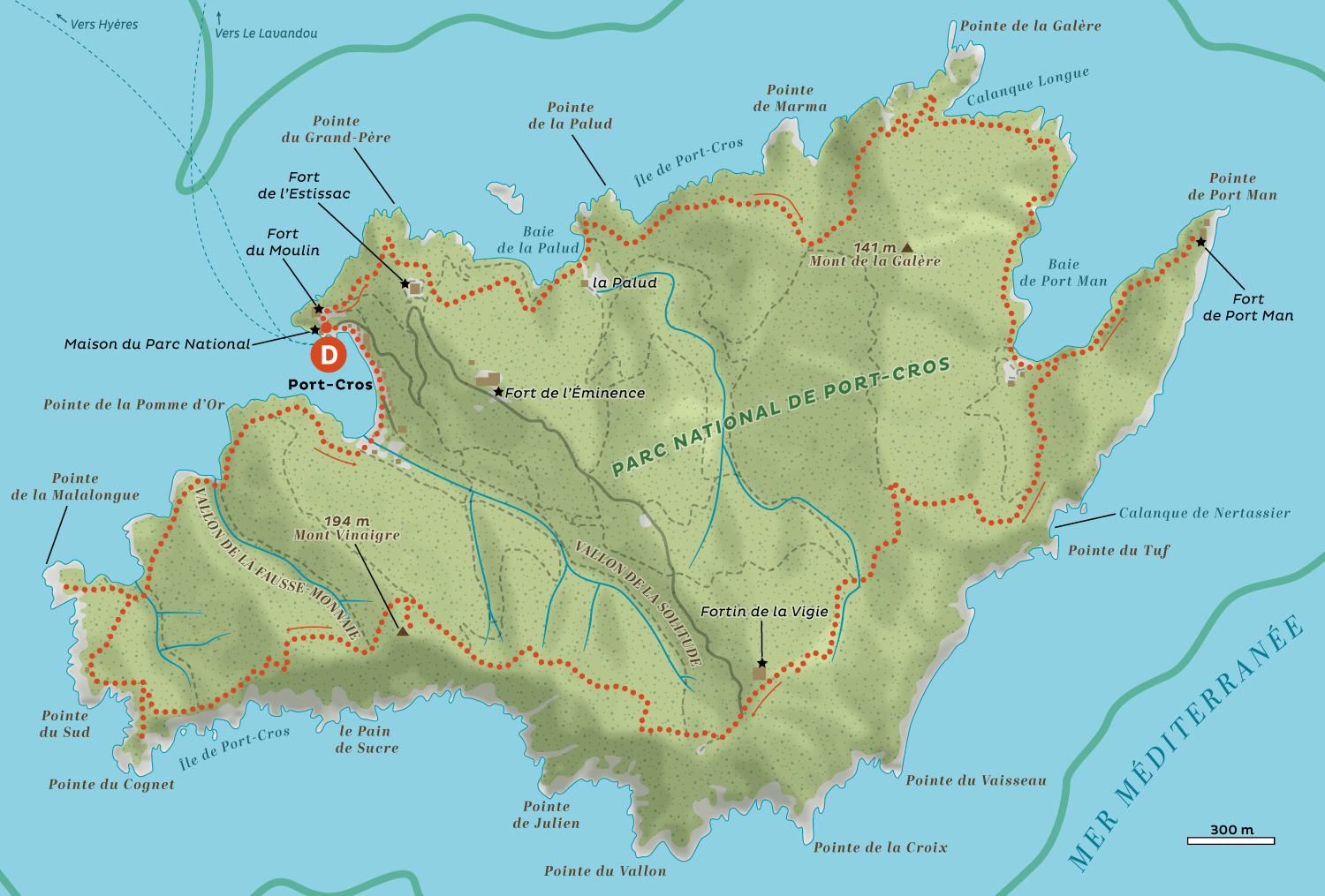 Carte topographique de randonnée à Port Cros, créée par Greg Franco – Le Cartographiste pour la rubrique Sentiers Sauvages de Terre Sauvage.