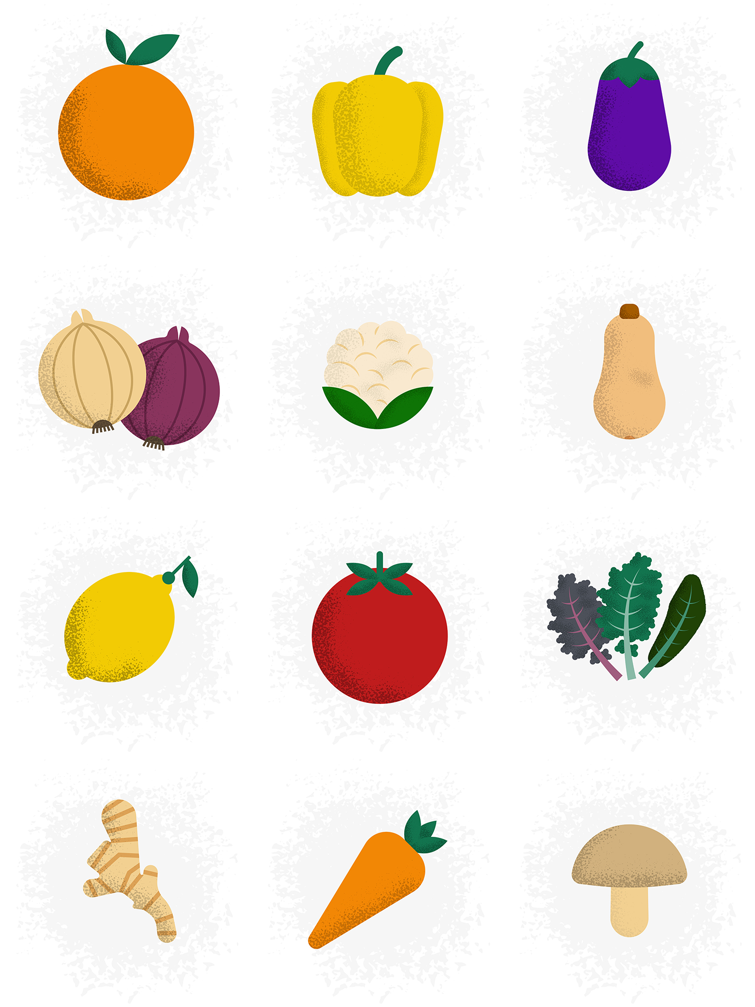 Collection de 12 illustrations vectorielles et géométriques de fruits et légumes.