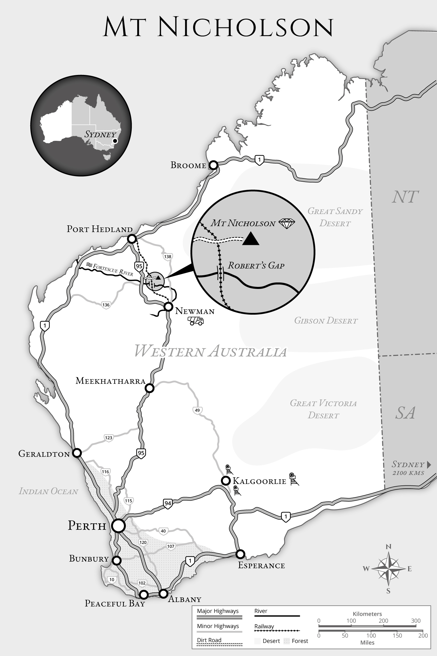 Carte routière avec différents points d'intérêts en Australie Occidentale.