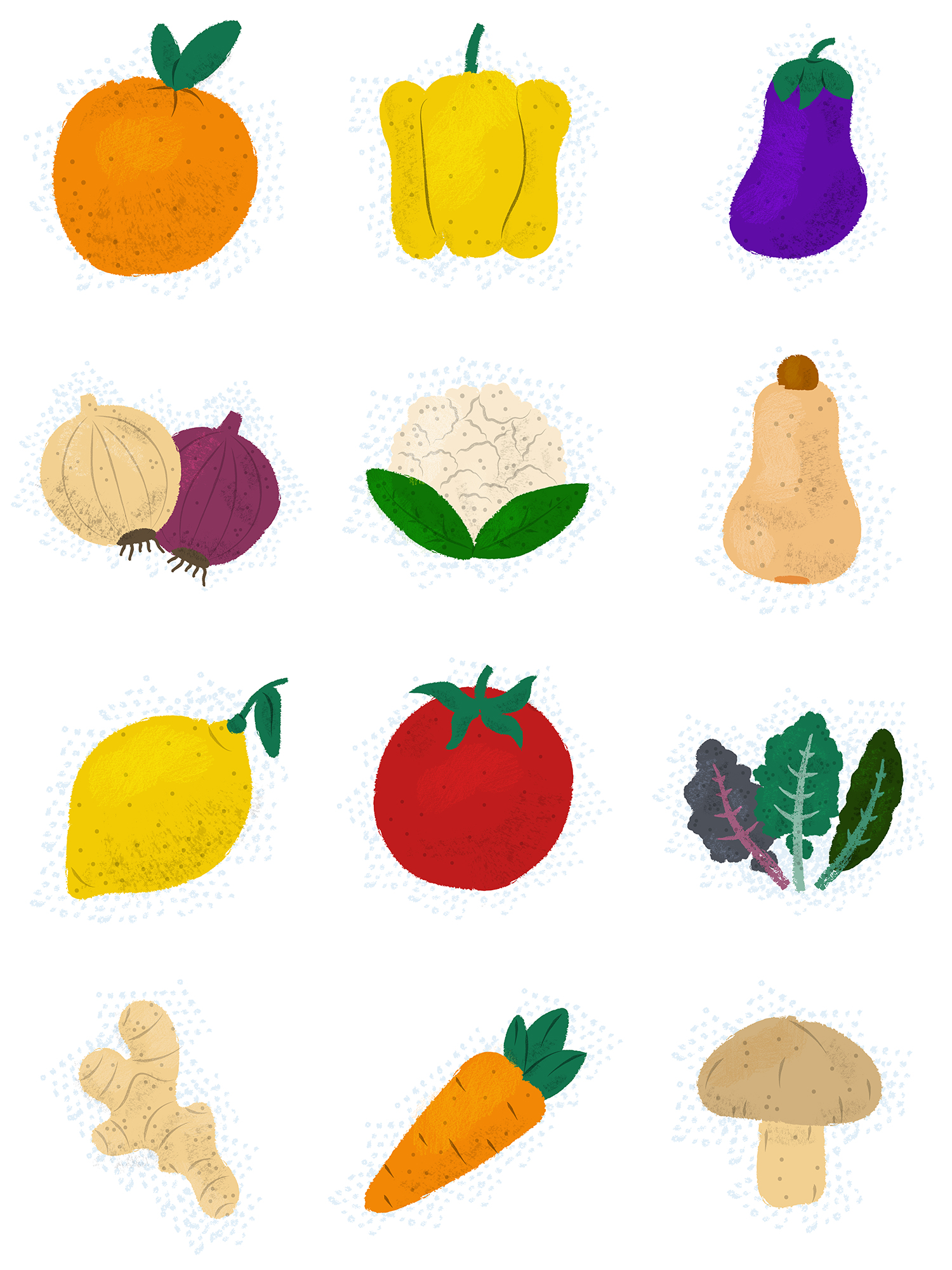 Collection de 12 fruits et légumes dessinés à la main.