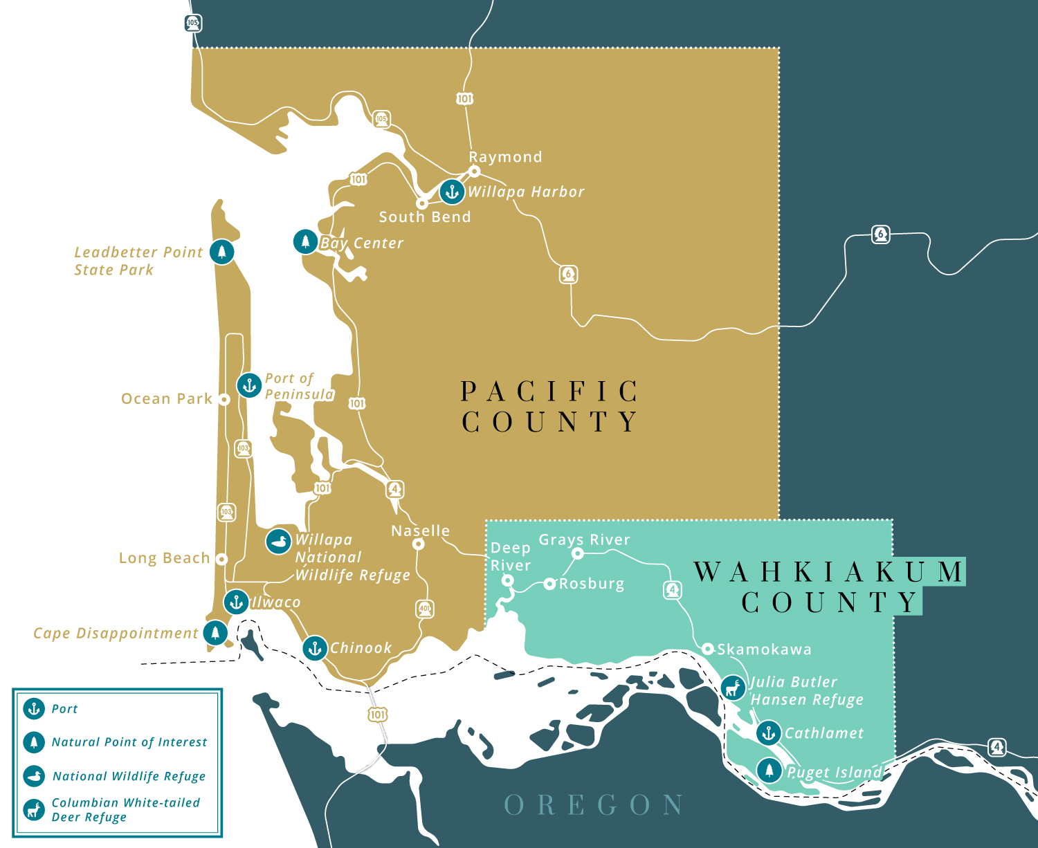 Carte des comtés de Pacific et Wahkiakum en Oregon