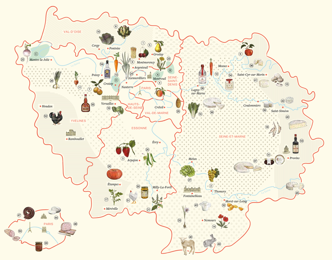 Carte illustrée de l'Île-de-France mettant en avant les 55 produits du terroir francilien, avec des illustrations des châteaux de Versailles, Rambouillet et Provins, créée par Greg Franco – Le Cartographiste pour le livre On Va Déguster Paris.