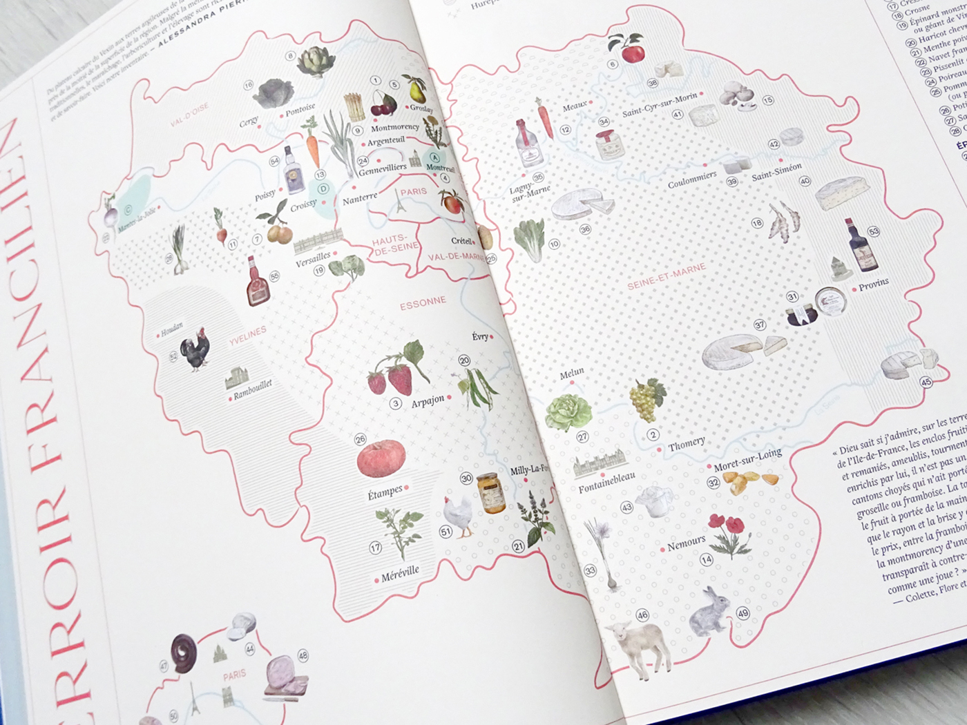 Double page du livre On Va Déguster Paris (Marabout) présentant la carte illustrée du terroir francilien créée par Greg Franco – Le Cartographiste.