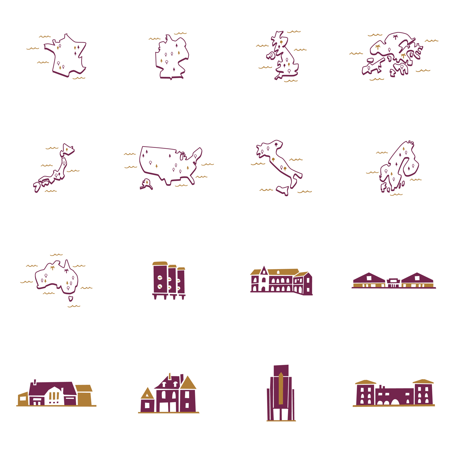 Petites cartes illustrées et illustrations de bâtiments pour le livre Krug Champagne at the Table