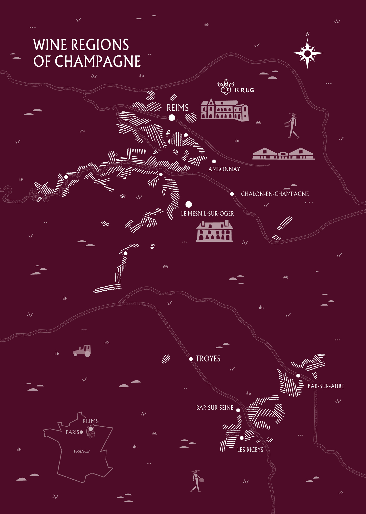 Carte illustrée de la région Champagne mettant en avant les sites historiques pour Krug.