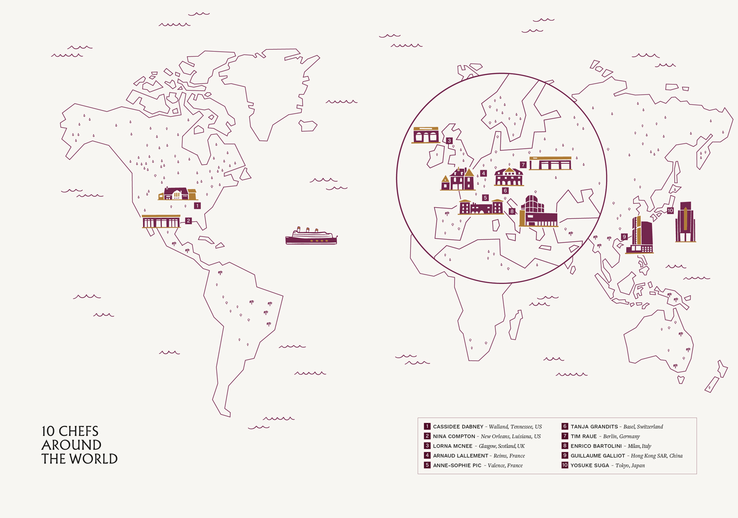 Carte du monde illustrée indiquant la localisation de 10 restaurants de chefs ambassadeurs de Krug