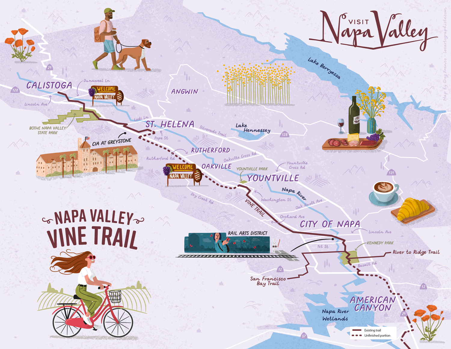 Carte touristique illustrée du Napa Valley Vine Trail au format horizontal, créée par Greg Franco – Le Cartographiste pour Visit Napa Valley.