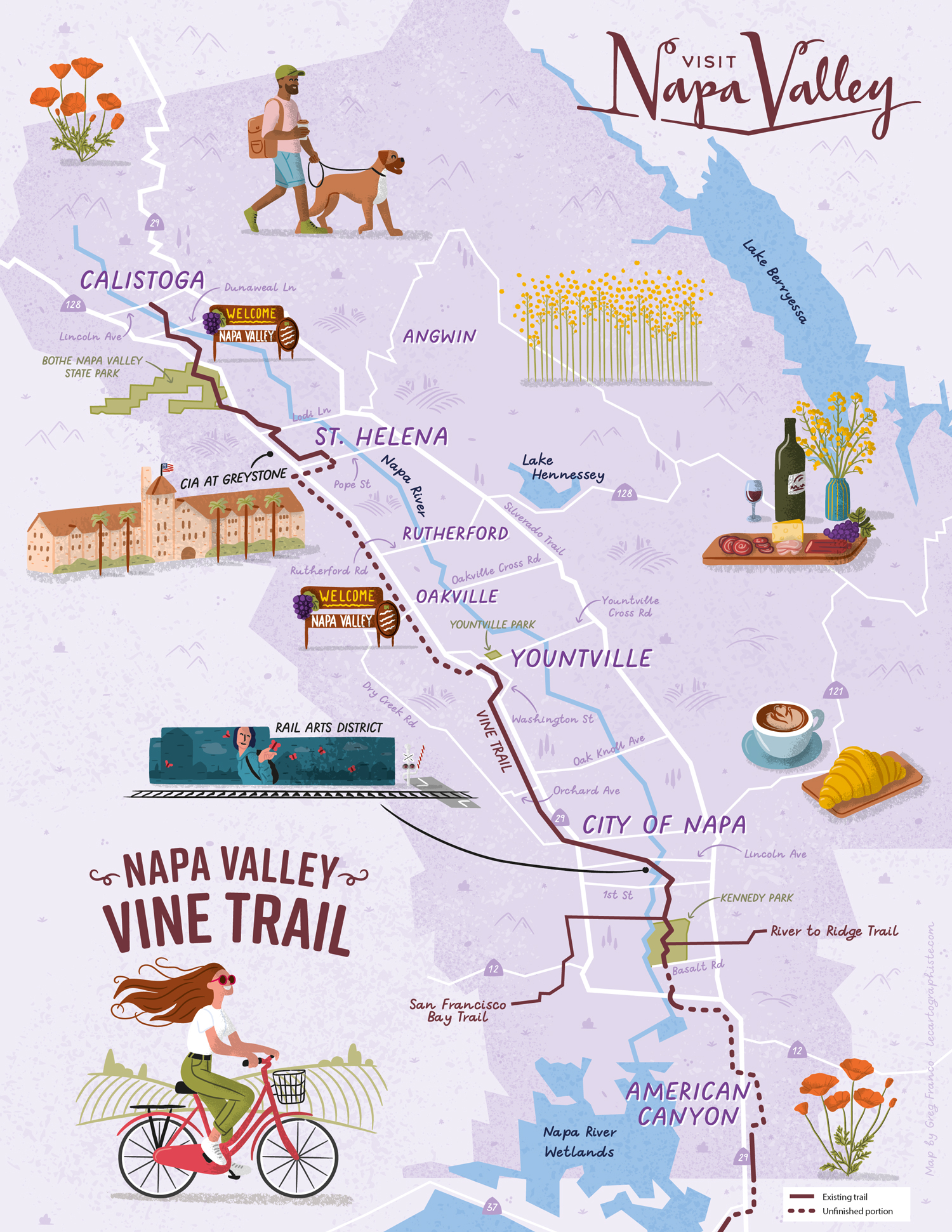 Carte touristique illustrée du Napa Valley Vine Trail au format vertical, créée par Greg Franco – Le Cartographiste pour Visit Napa Valley.
