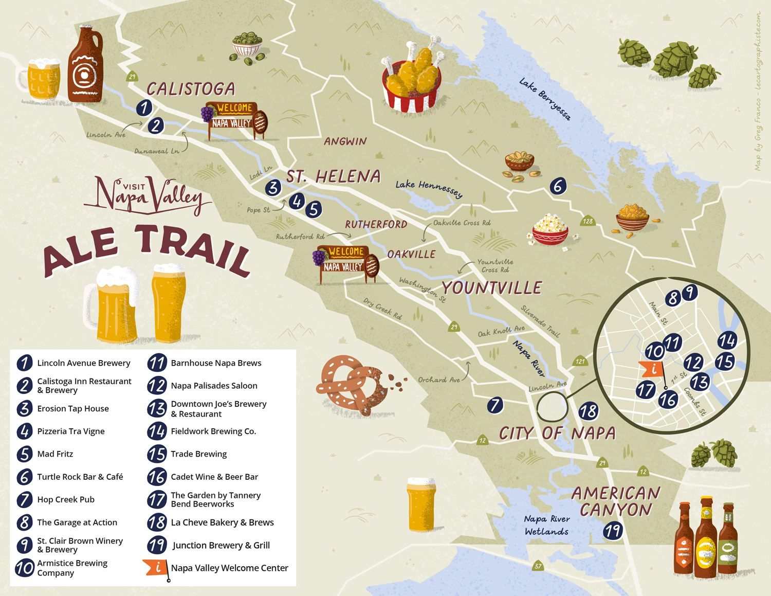 Carte illustrée du Ale Trail dans la Napa Vallée mettant en avant les meilleures micro-brasseries de la région!