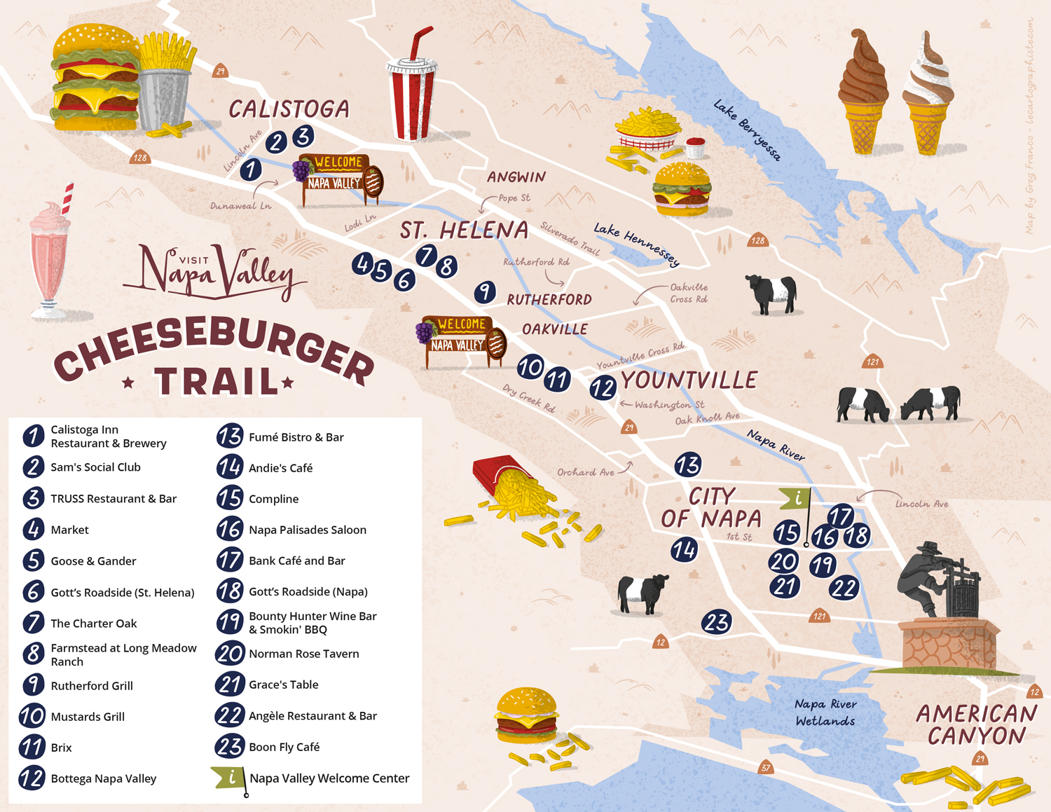 Carte illustrée du Cheeseburger Trail dans la Napa Valley présentant les meilleurs adresses pour déguster les meilleurs burgers de la région!