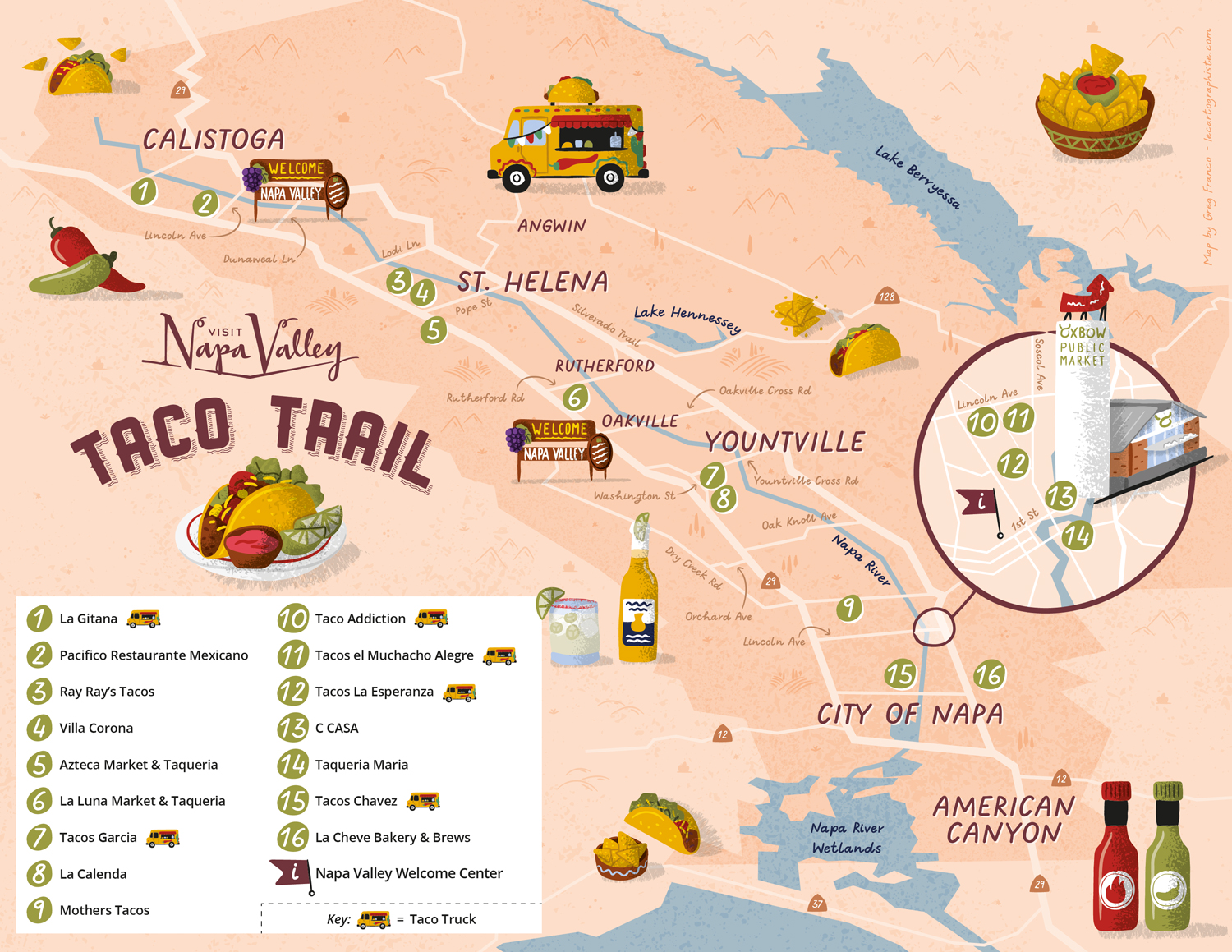 Carte illustré du Taco Trail dans la Napa Valley indiquant les restaurants et food-trucks proposant les meilleurs spécialités mexicaines de la région!