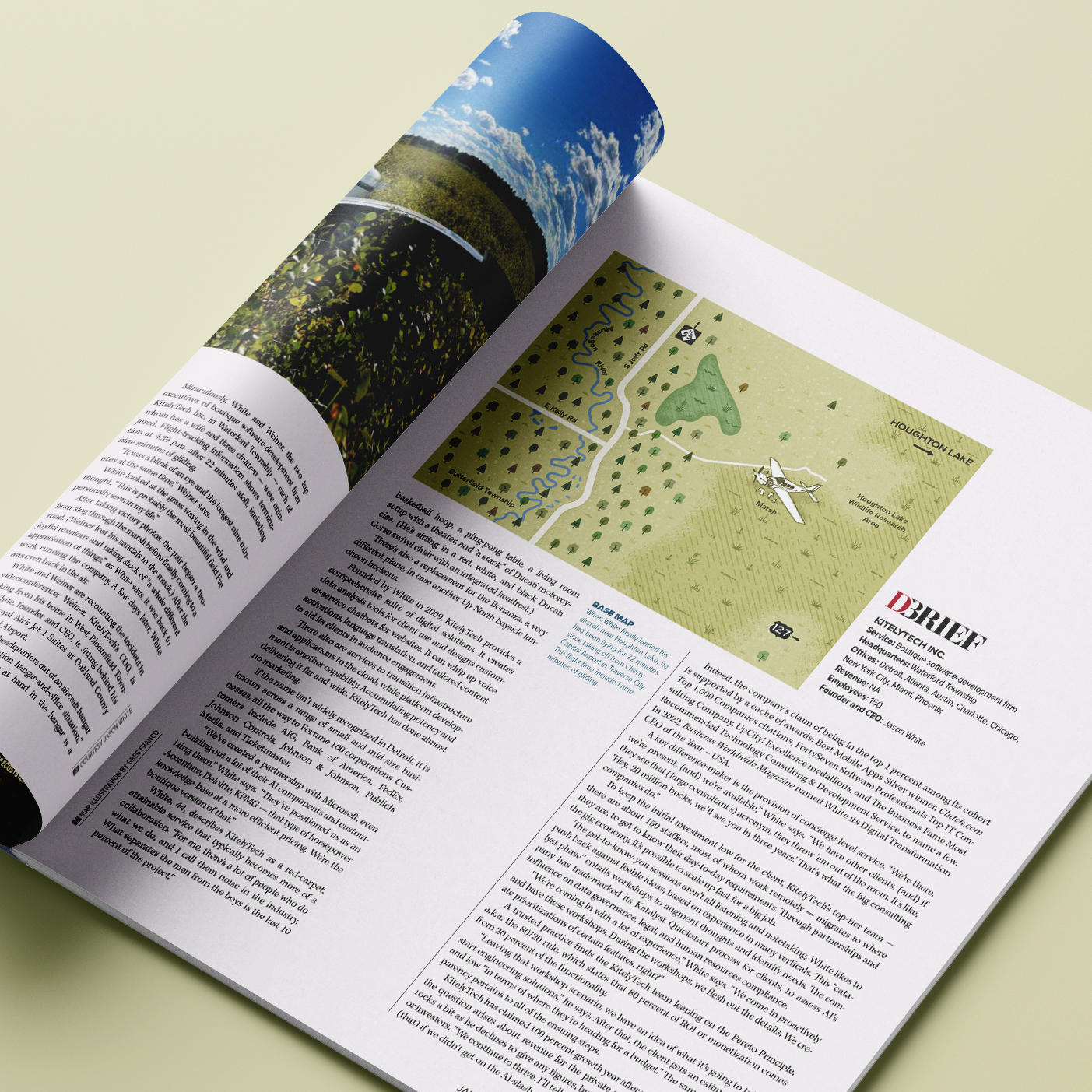Photo de la double page de DBusiness Magazine présentant la carte illustrée du crash aérien de Houghton Lake, réalisée par Greg Franco – Le Cartographiste.
