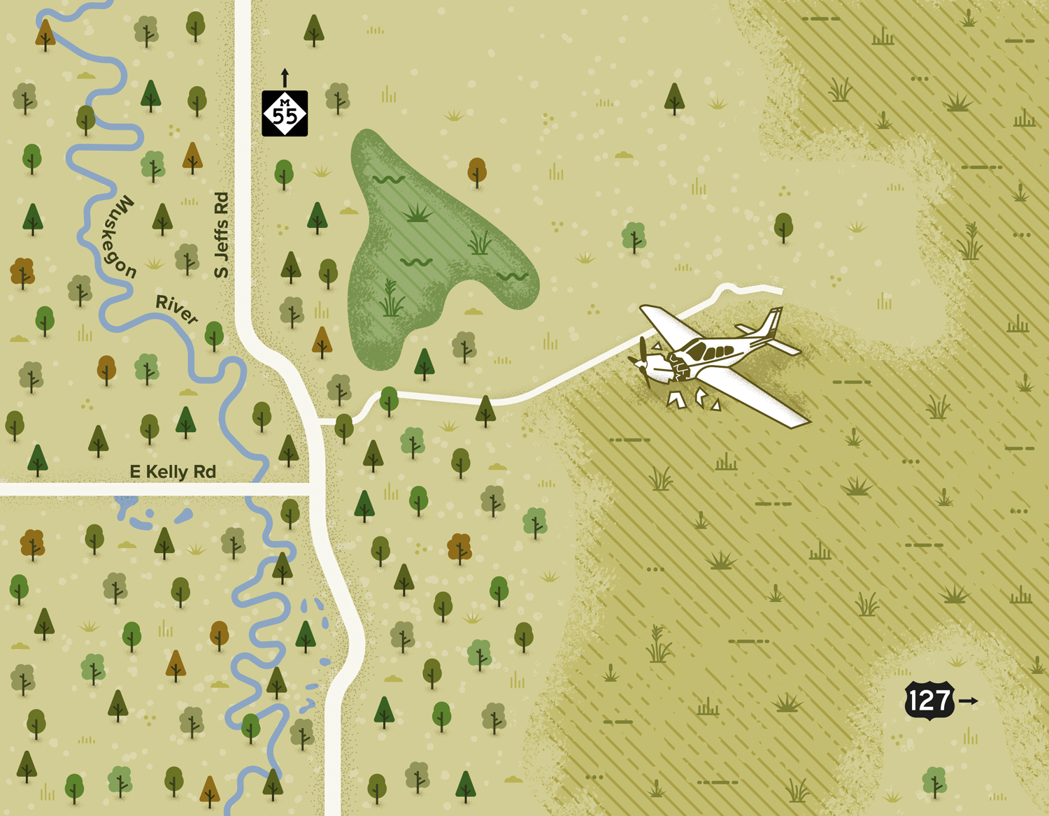 Carte illustrée éditoriale représentant le site du crash aérien de Houghton Lake, Michigan, avec l'avion endommagé au cœur des zones marécageuses, créée par Greg Franco – Le Cartographiste pour DBusiness Magazine.
