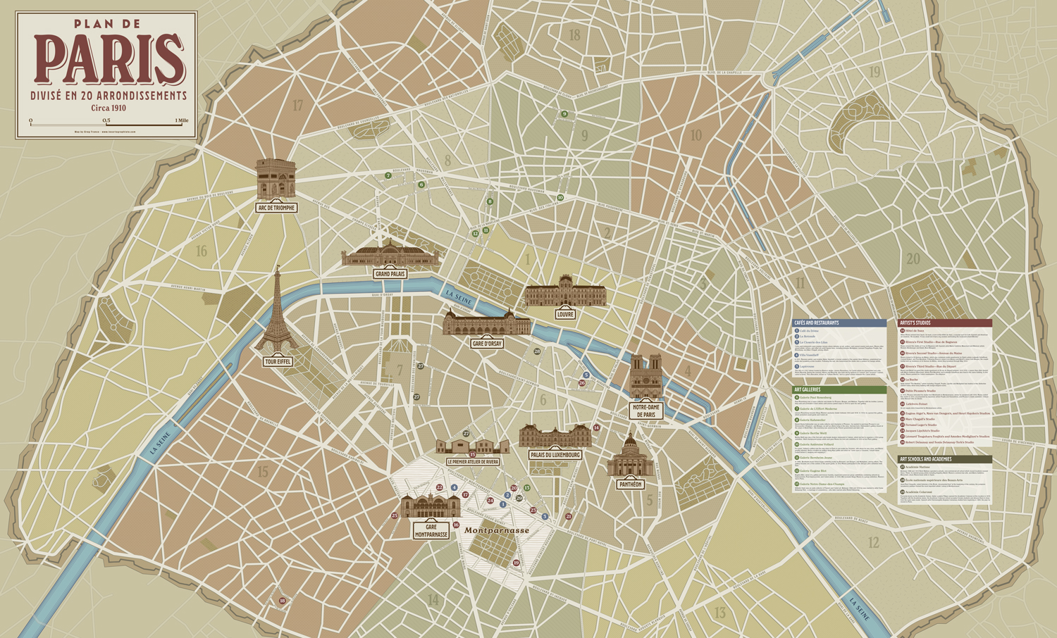 Carte illustrée de Paris avec le titre à gauche, la carte et les monuments illustrés au centre et la légende à gauche