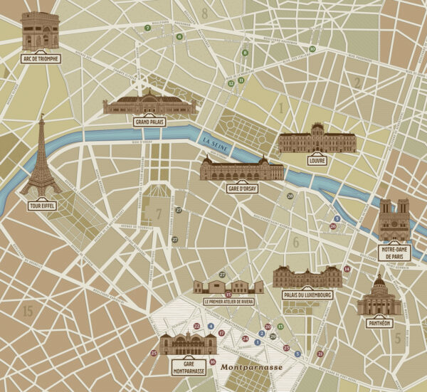 Gros plan sur les monuments illustrés et les points d'intérêts numérotés