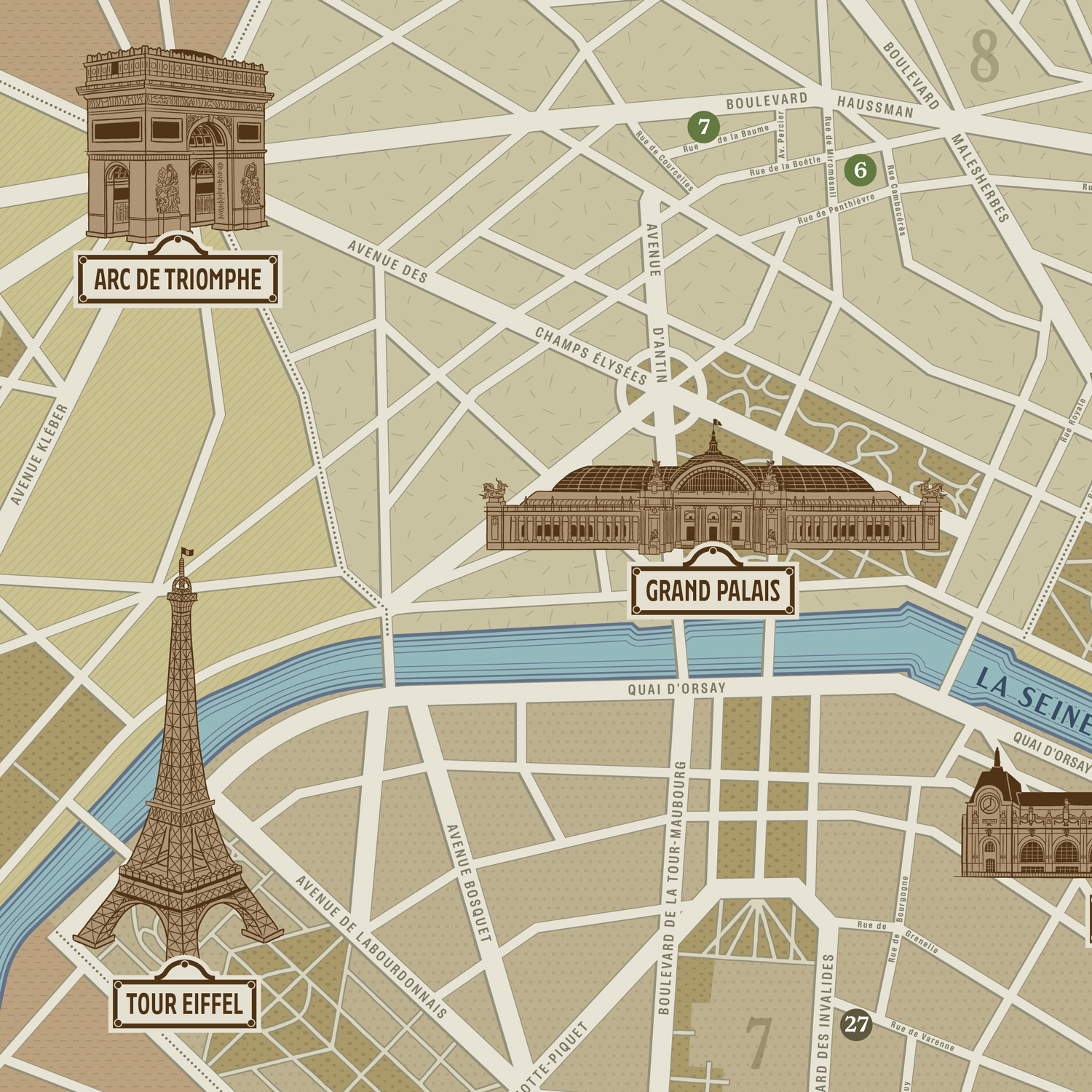 Gros plan sur les illustrations de l'Arc de Triomphe, la Tour Eiffel et le Grand palais