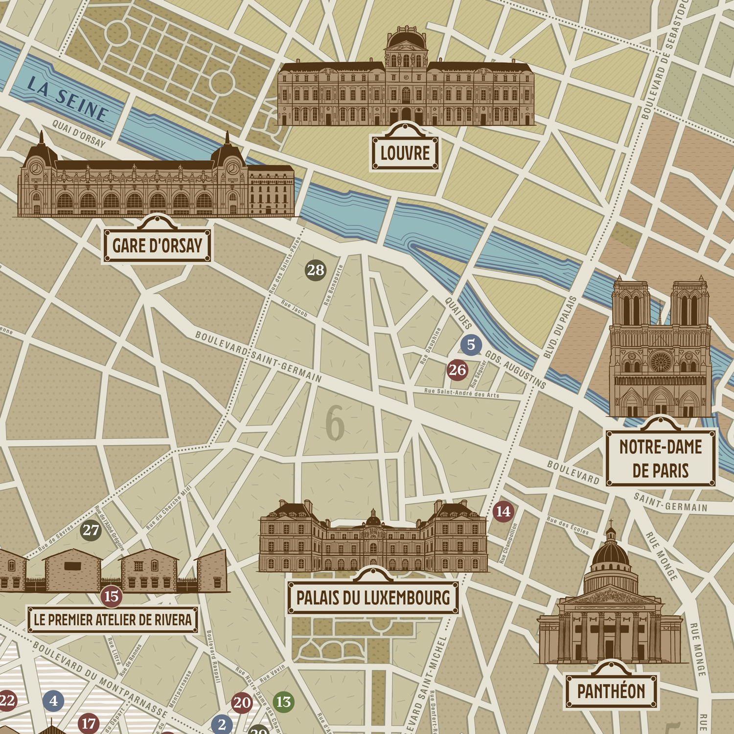 Gros plan sur les illustrations du Louvre, de la Gare d'Orsay, de Notre-Dame-de-Paris, du Palais du Luxembourg, du Panthéon et du premier studio de Rivera à Paris.
