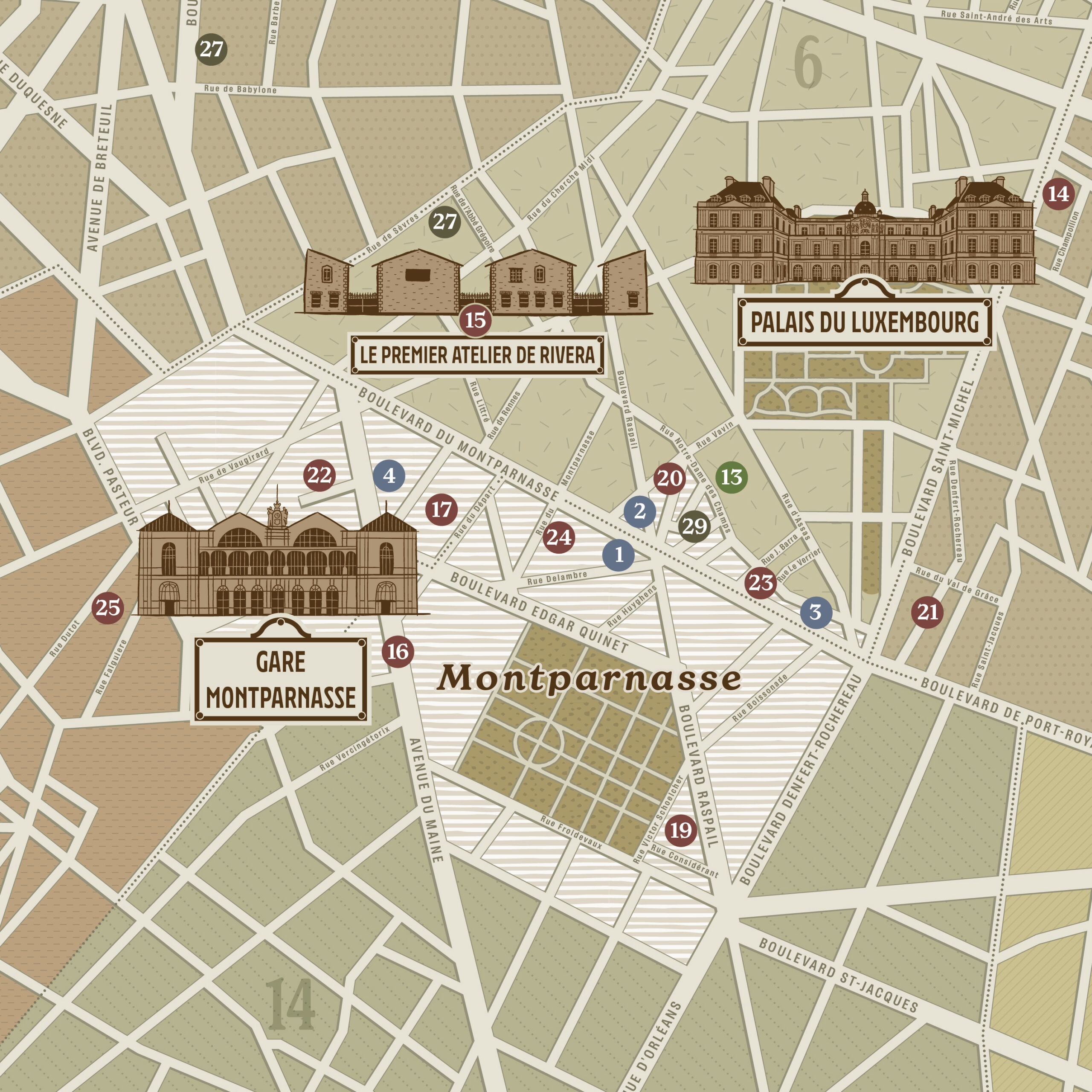 Gros plan sur les illustrations de la Gare Montparnasse, du Palais du Luxembourg et du premier atelier de Rivera à Paris