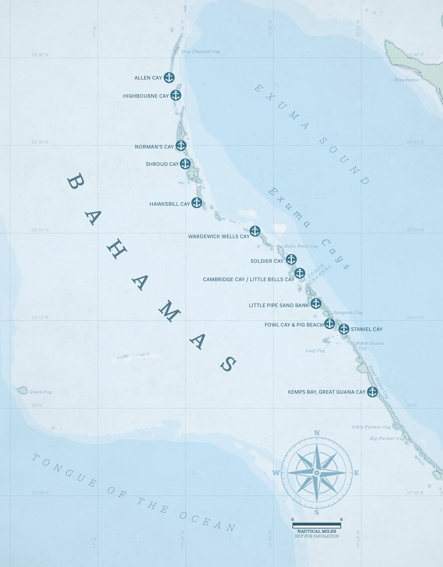 Carte nautique des îles Exuma aux Bahamas
