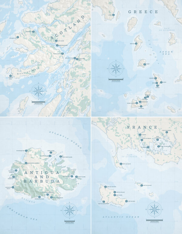 Cartes nautiques en Écosse, Grèce, Antigua et Bermuda, France