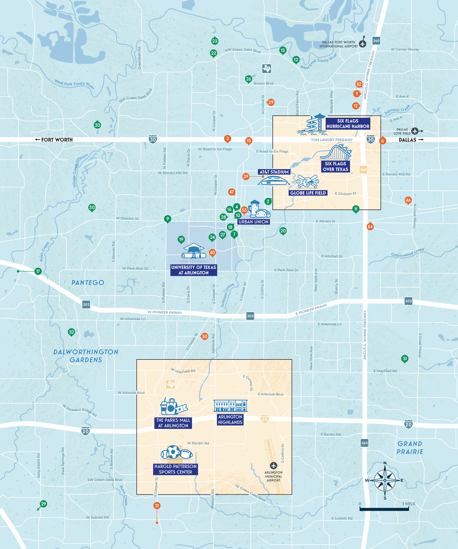 Plan touristique d'Arlington, Texas, localisant 100 points d'intérêt avec 10 sites emblématiques illustrés, créé par Greg Franco – Le Cartographiste pour la brochure touristique 2025 de l'Arlington CVB.