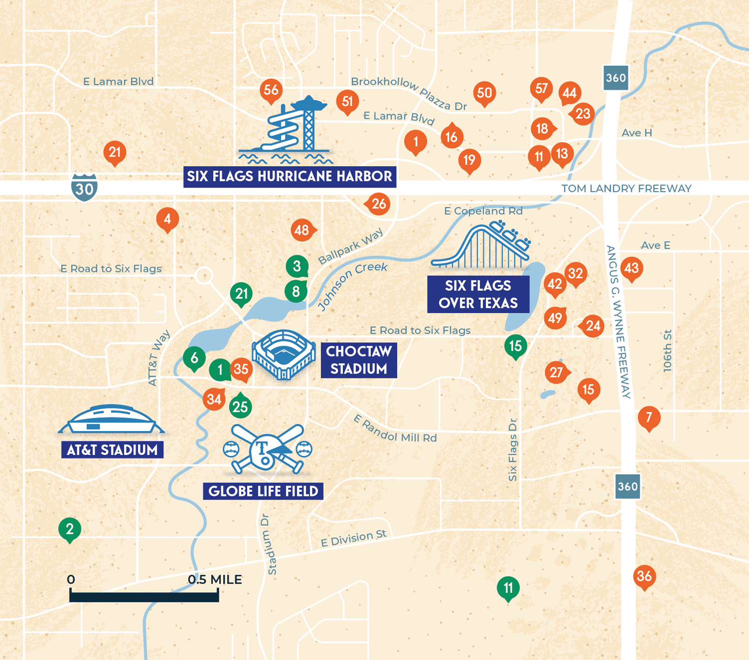 Plan détaillé d'Arlington North avec le AT&T; Stadium, Globe Life Field, Choctaw Stadium et Six Flags, créé par Greg Franco – Le Cartographiste.