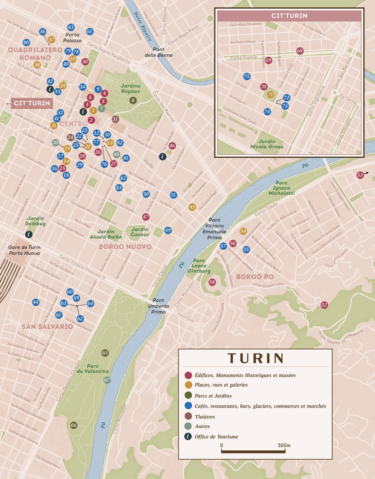 Plan de Turin en Italie indiquant la position de 83 points d'intérêt