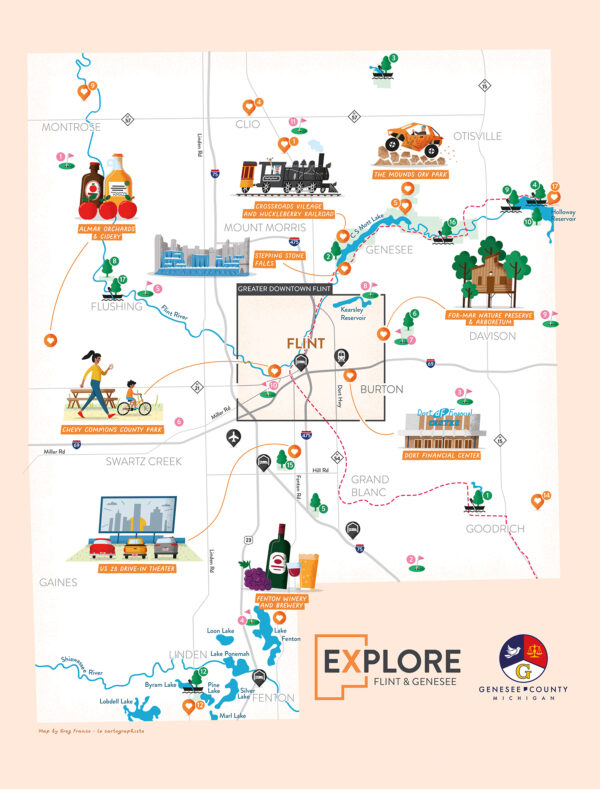 Carte illustrée du comté de Genesee où se trouve la ville de Flint avec plusieurs illustrations représentant les principaux points d'intérêt de la région