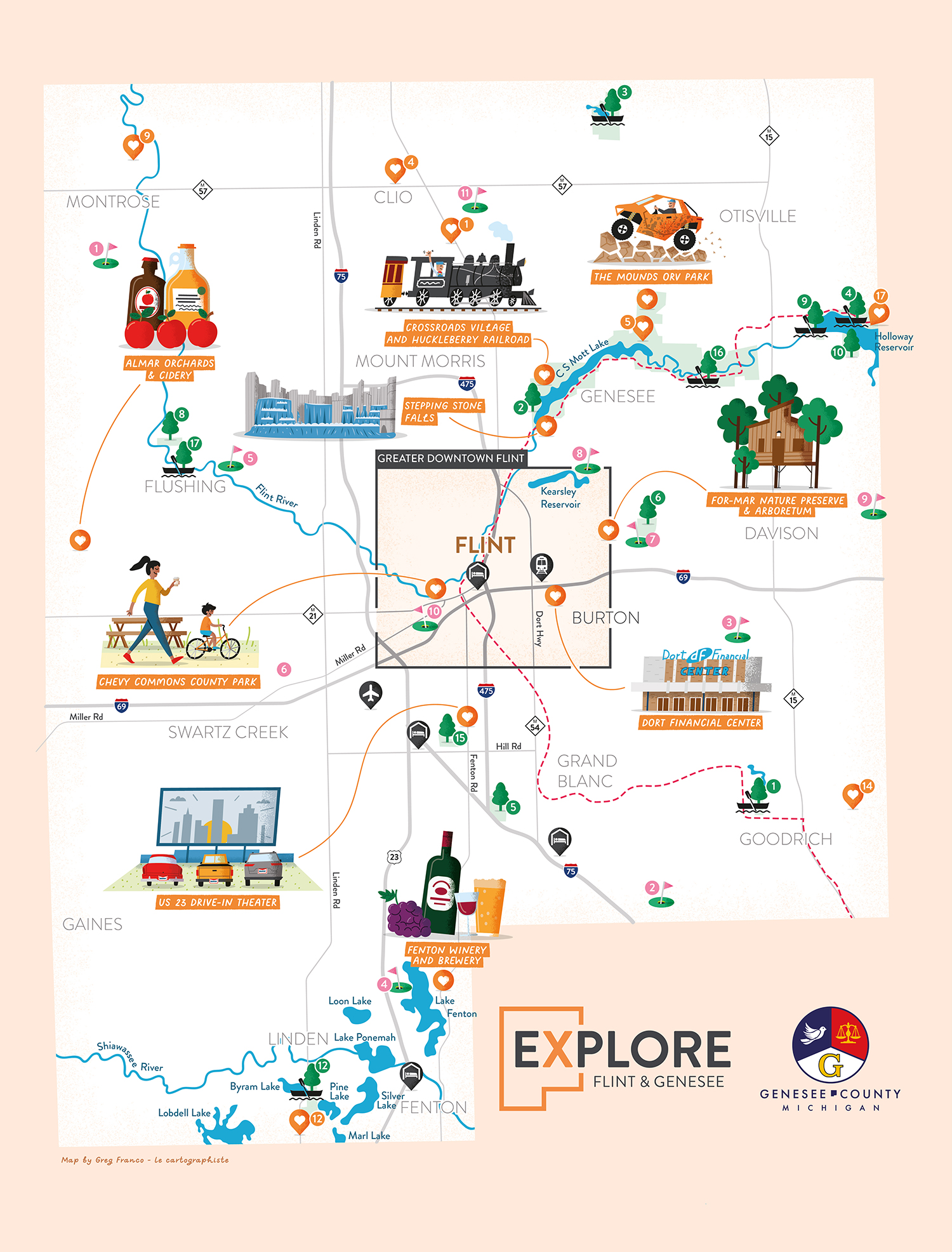 Carte illustrée du comté de Genesee où se trouve la ville de Flint avec plusieurs illustrations représentant les principaux points d'intérêt de la région
