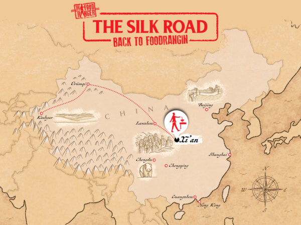 Carte illustrée de la Chine représentant un itinéraire de Xi'an à Kashgar