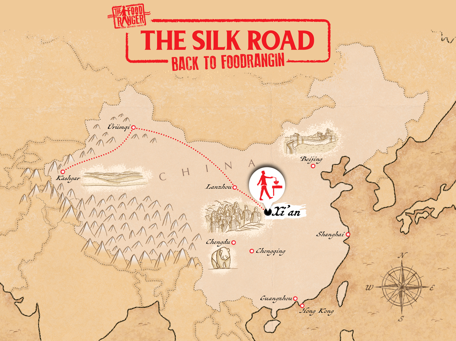 Carte illustrée de la Chine représentant un itinéraire de Xi'an à Kashgar