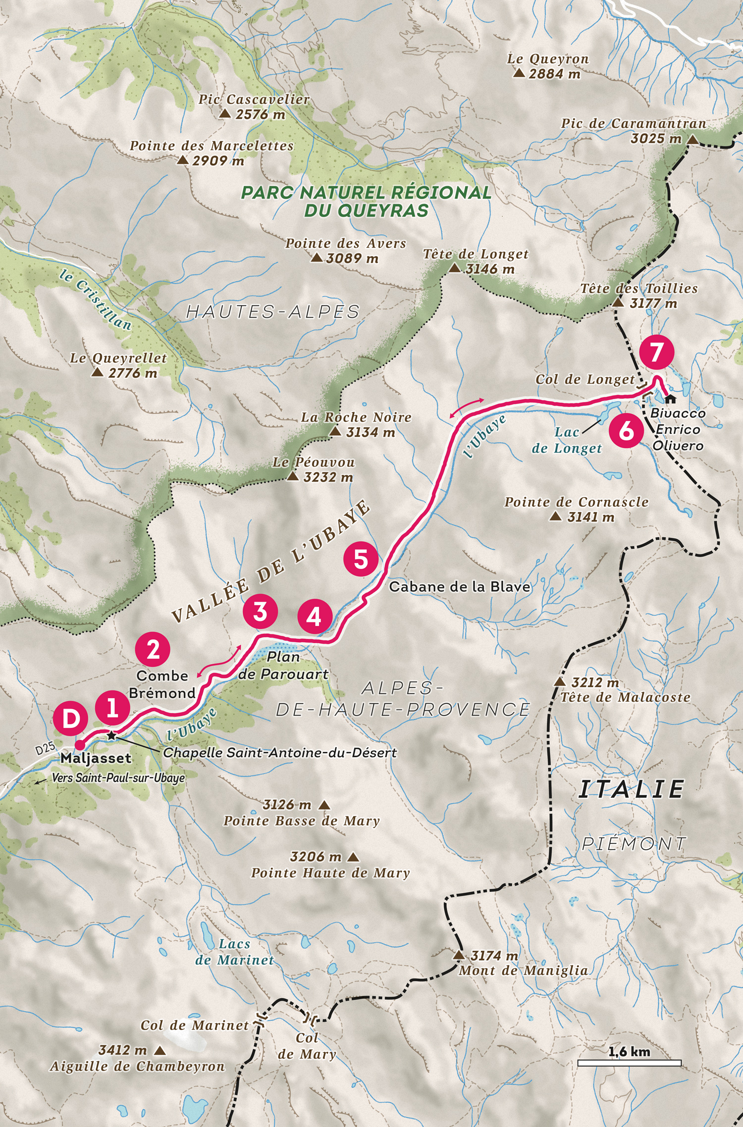 Carte de randonnée dans la vallée de l'Ubaye créée par Greg Franco – Le Cartographiste pour la rubrique Chemins Alpins d'Alpes Magazine.