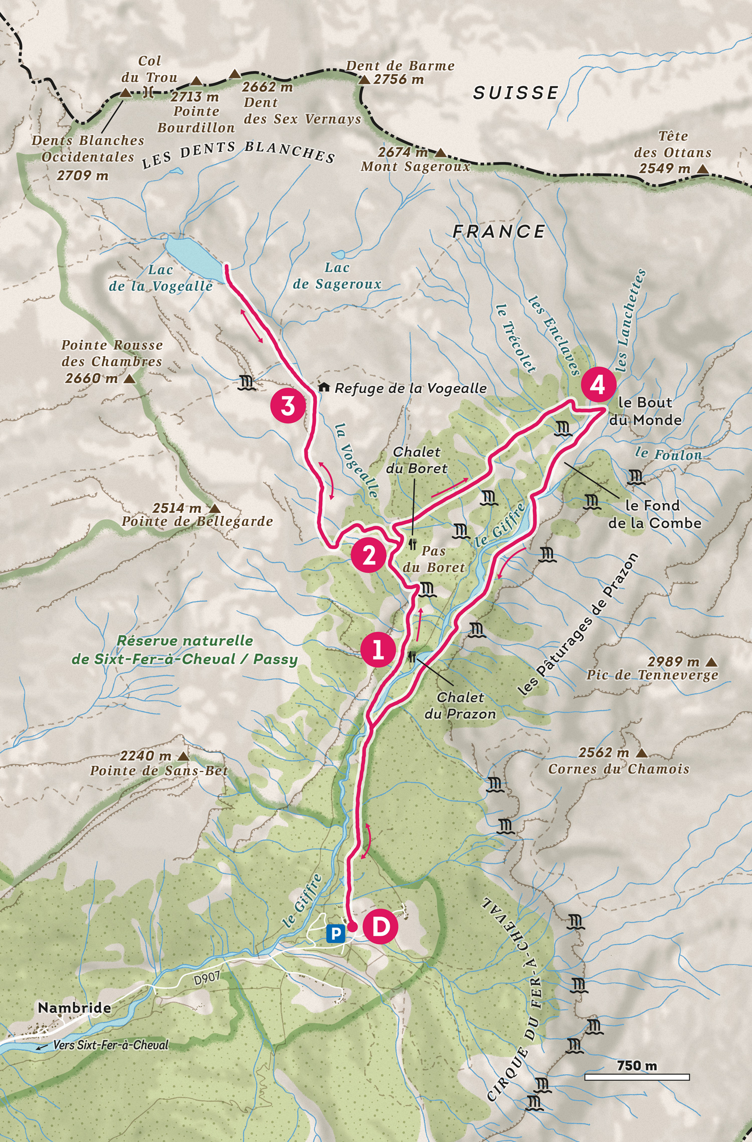 Carte topographique de randonnée proche de Sixt-Fer-à-Cheval en Haute-Savoie créée par Greg Franco – Le Cartographiste pour la rubrique Chemins Alpins d'Alpes Magazine.