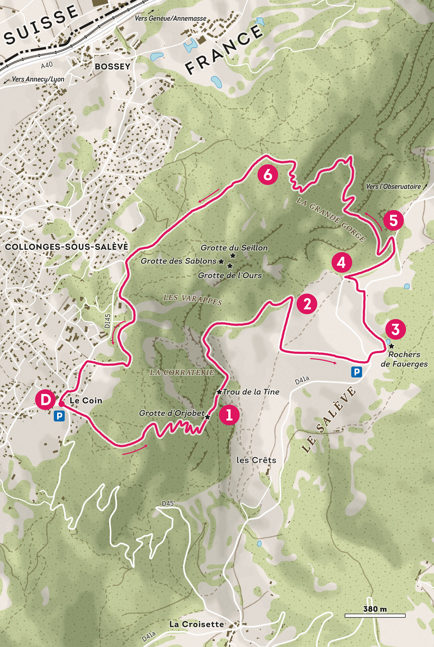 Carte de randonnée sur le Salève, une montagne proche de Genève créée par Greg Franco – Le Cartographiste pour la rubrique Chemins Alpins d'Alpes Magazine.