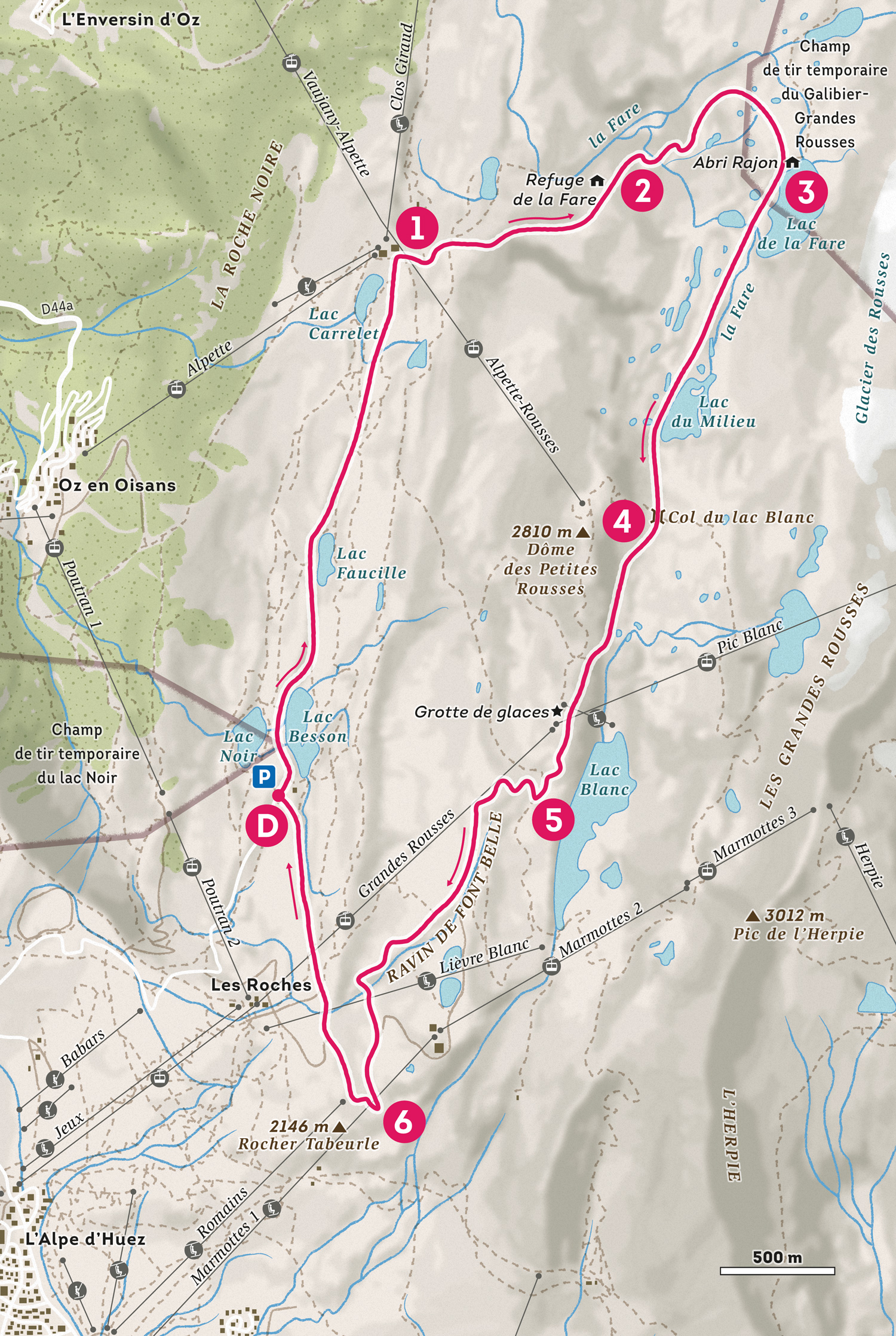 Carte topographique d'une randonnée à l'Alpes d'Huez créée par Greg Franco – Le Cartographiste pour la rubrique Chemins Alpins d'Alpes Magazine.