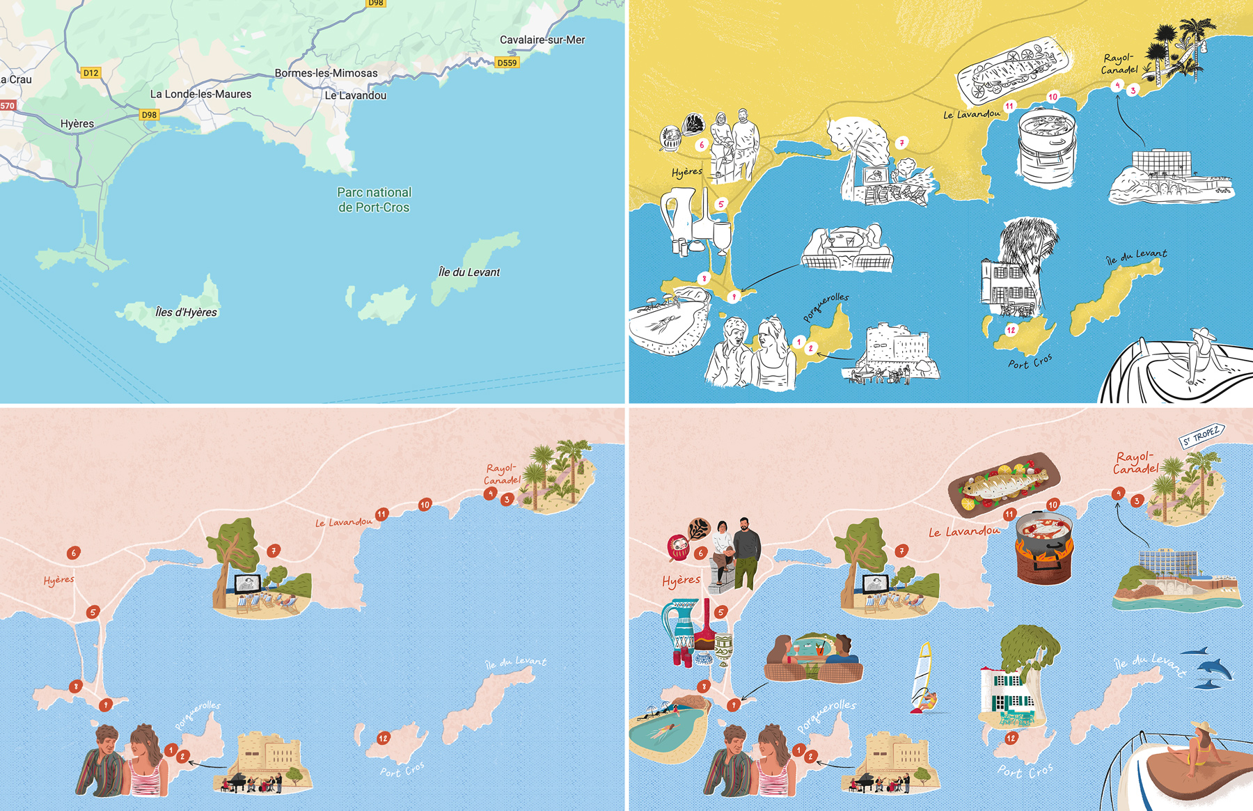 Illustration du processus de création d'une carte illustrée en partant d'une capture décran de la zone à représentr jusqu'au résultat final en passant par les étapes intermédiaires.