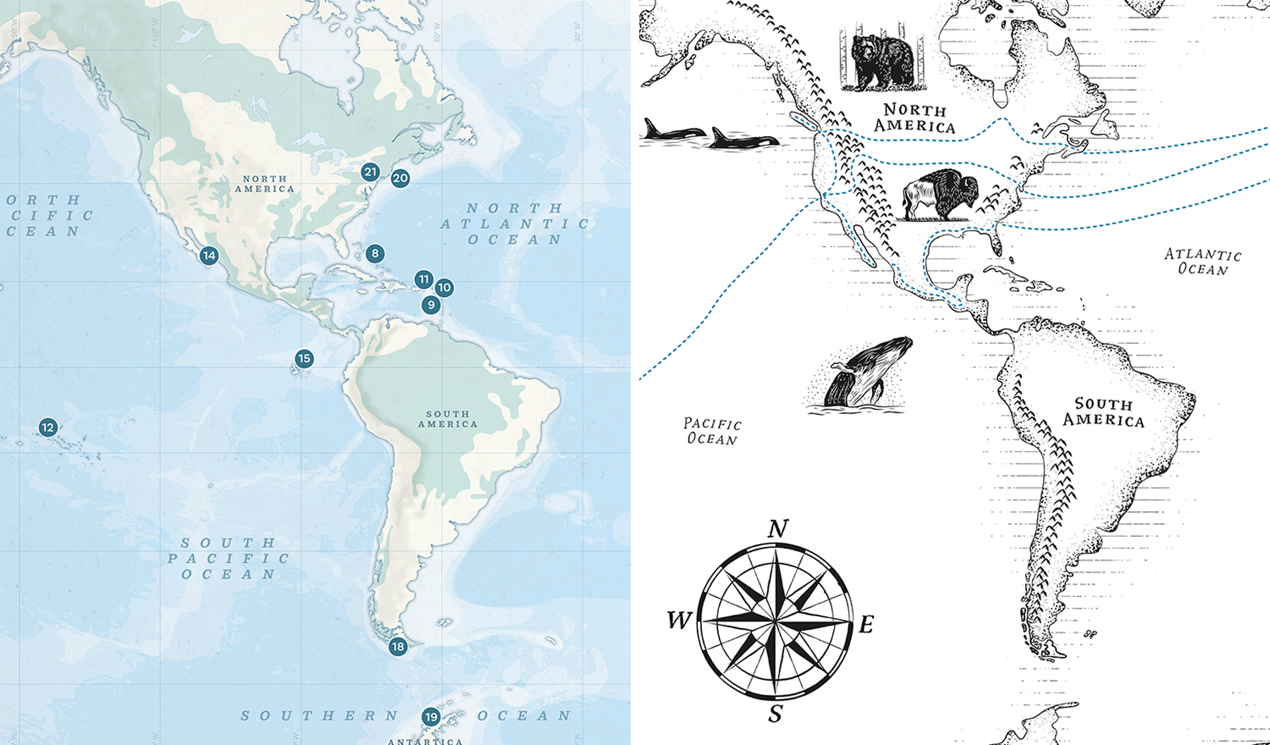 Une carte précise de l'Amérique du Nord et de l'Amérique du sud avec le relief et la bathymétrie côte à côte avec une carte illustrée dessinées à la main des Amériques.