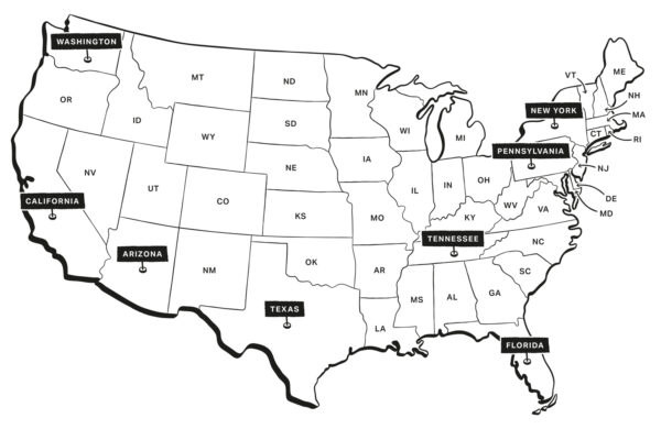 Carte des États-Unis dessinée à la main et mettant en avant certains états en rapport avec le livre