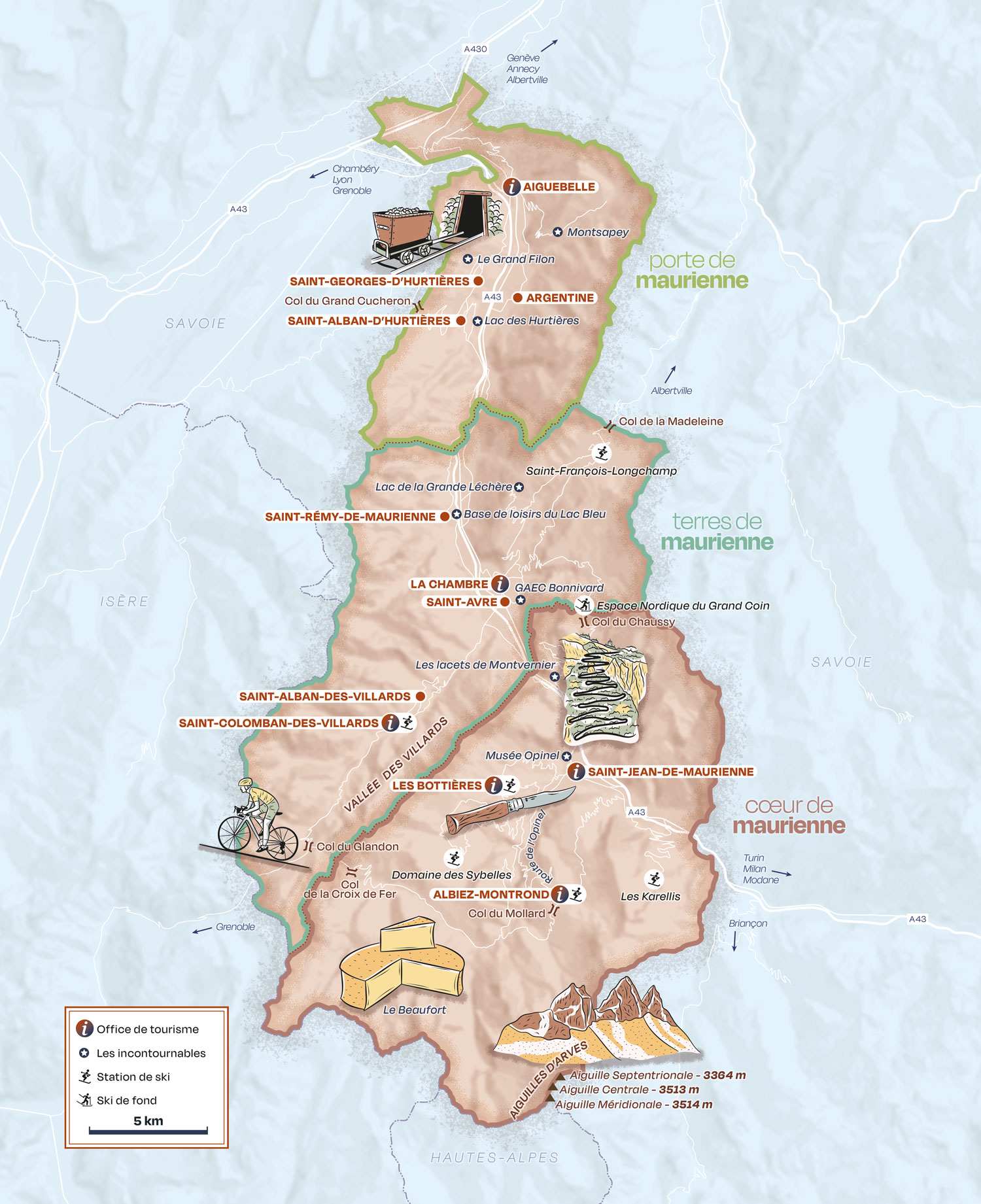 Carte illustrée de la vallée de la Maurienne présentant plusieurs points d'intérêt, les offices de tourisme et les stations de ski