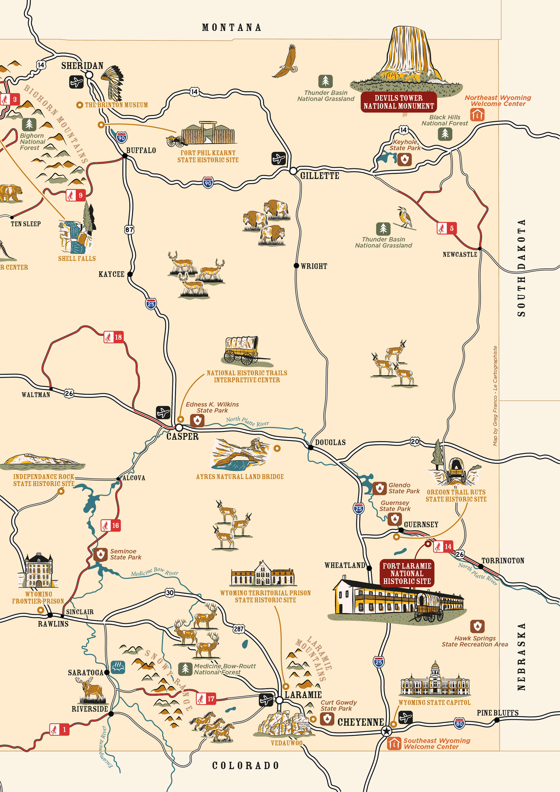 Moitié Est de la carte de l'état du Wyoming avec notamment Devils Tower National Monument ou Wyoming State Capitol